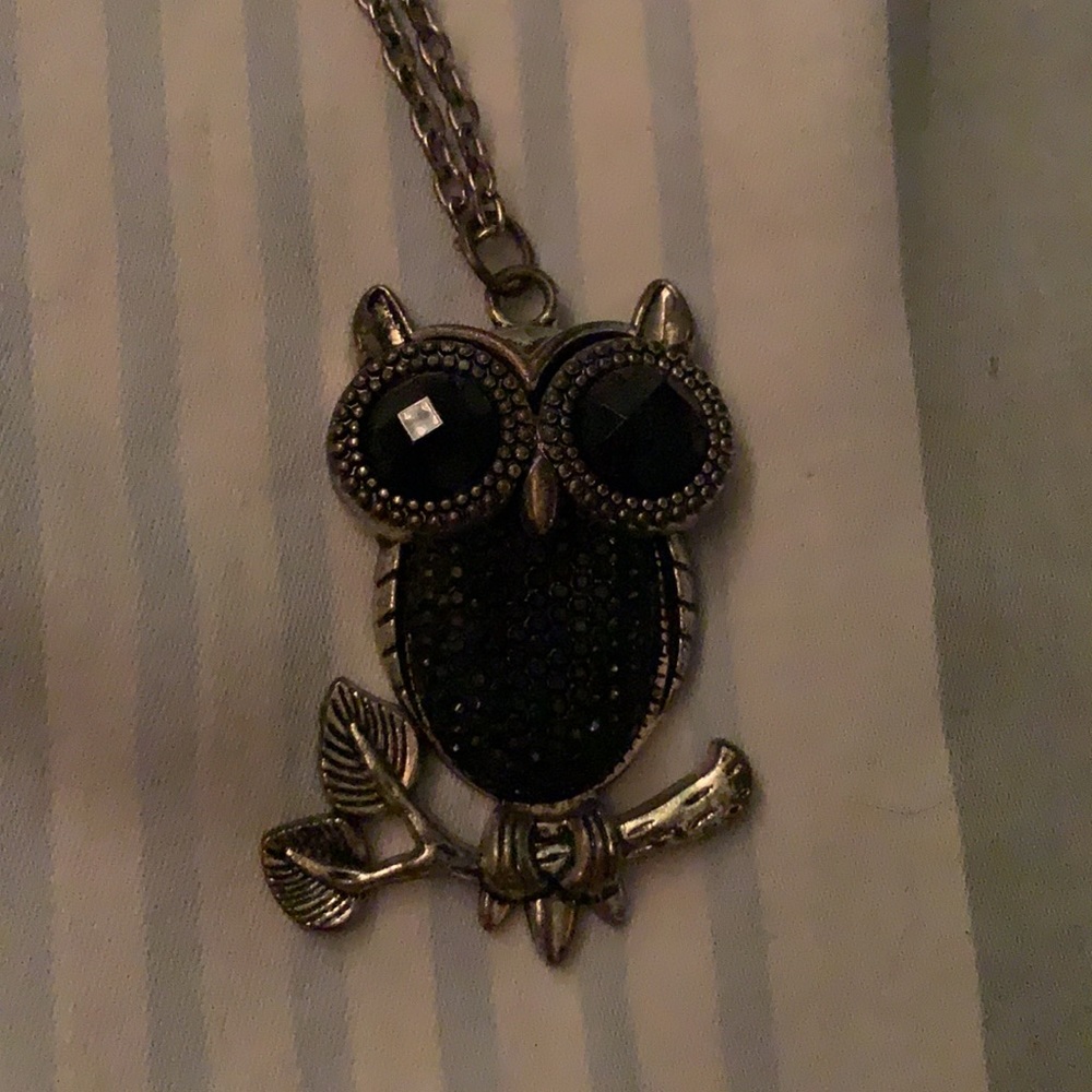 Black and silver rhinestone owl necklace